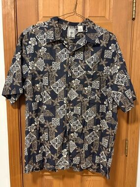 Roundtree & Yorke Black Cotton Tiki Hawaiian Vacation Shirt Size XL